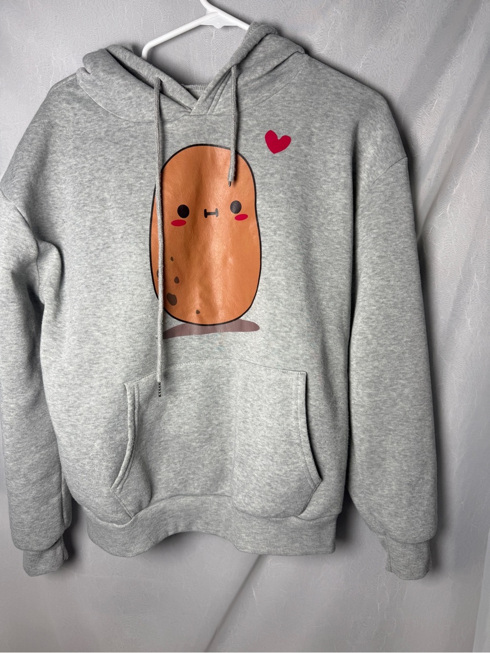 Kawaii Cute Potato Heart Graphic Gray Fleece Hoodie S